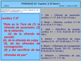 7
PARASHÁ 24 “Vayikra” Y El llamó !
Edicion: Regresando a las Raices de la Fe – regresandoalasraicesdelafe@gmail.com Estudio: L. Hunter y K. Blad
Levítico 7:37
“Esta es la Torá de (1) la
ofrenda de ascensión, (2)
de la oblación,
(3) de la ofrenda de
pecado
(4), de la ofrenda de culpa
(5), de las ofrendas de
consagración
(6) y del sacrificio de las
ofrendas de paz”
1. Olá – Ofrenda de ascensión,
Levítico 1:1-17; 6:8-13 (6:1-6 heb.).
2. Minjá – Oblación, Levítico 2:1-16;
6:14-18 (4:7-11 heb.).
3. Jatat – (Sacrifico) de pecado,
Levítico 4:1 – 5:13; 6:24-30 (6:17-23
heb.).
4. Asham – (Sacrificio) de culpa,
Levítico 5:14 – 6:7 (5:26 heb.); 7:1-10.
5. Miluim – (Ofrendas) de consagración
(plenitudes), Éxodo 29:1-37; Levítico
6:19-23 (6:12-16 heb.).
6. Shlamim – (Ofrendas) de paz,
Levítico 3:1-17; 7:11-36.
PORCIÓN DE LA Torah:Levítico 1: 1 a 5:19; 1 Samuel 15: 1-34
Hebreos 10: 1-18; Romanos 8: 1-13
 