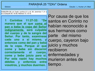 24
PARASHÁ 25 “TZAV” Ordena
Edicion: Regresando a las Raices de la Fe – regresandoalasraicesdelafe@gmail.com Estudio: L. Hunter y K. Blad
1 Corintios 11:27-32: “De
manera que el que coma el
pan o beba la copa del Señor
indignamente, será culpable
del cuerpo y de la sangre del
Señor. Por tanto, examínese
cada uno a sí mismo, y
entonces coma del pan y beba
de la copa. Porque el que
come y bebe sin discernir
correctamente el cuerpo,
come y bebe juicio para sí.
Por esta razón hay muchos
débiles y enfermos entre
vosotros, y muchos duermen.
Por causa de que los
santos en Corinto no
habían reconocido a
sus hermanos como
parte del mismo
cuerpo, cayeron bajo
juicio y muchos
recibieron
enfermedades y
murieron antes de
tiempo .
PORCIÓN DE LA Torah: Levítico 6:1 a 8: 36; Jeremías 7: 21 a
8:3; Ezequiel 36: 16-38; Hebreos 13: 10-16
 