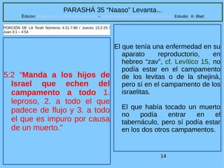 14
PARASHÁ 35 “Naaso” Levanta...
Edicion: Regresando a las Raices de la Fe – regresandoalasraicesdelafe@gmail.com Estudio: K. Blad
5:2 “Manda a los hijos de
Israel que echen del
campamento a todo 1.
leproso, 2. a todo el que
padece de flujo y 3. a todo
el que es impuro por causa
de un muerto.”
PORCIÓN DE LA Torah Números 4:21-7:89 / Jueces 13:2-25 /
Juan 3:1 – 4:54
El que tenía una enfermedad en su
aparato reproductorio, en
hebreo “zav”, cf. Levítico 15, no
podía estar en el campamento
de los levitas o de la shejiná,
pero sí en el campamento de los
israelitas.
El que había tocado un muerto
no podía entrar en el
tabernáculo, pero sí podía estar
en los dos otros campamentos.
 