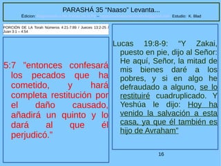 16
PARASHÁ 35 “Naaso” Levanta...
Edicion: Regresando a las Raices de la Fe – regresandoalasraicesdelafe@gmail.com Estudio: K. Blad
5:7 ”entonces confesará
los pecados que ha
cometido, y hará
completa restitución por
el daño causado,
añadirá un quinto y lo
dará al que él
perjudicó.”
PORCIÓN DE LA Torah Números 4:21-7:89 / Jueces 13:2-25 /
Juan 3:1 – 4:54
Lucas 19:8-9: “Y Zakai,
puesto en pie, dijo al Señor:
He aquí, Señor, la mitad de
mis bienes daré a los
pobres, y si en algo he
defraudado a alguno, se lo
restituiré cuadruplicado. Y
Yeshúa le dijo: Hoy ha
venido la salvación a esta
casa, ya que él también es
hijo de Avraham”
 