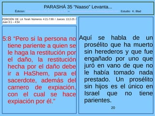 20
PARASHÁ 35 “Naaso” Levanta...
Edicion: Regresando a las Raices de la Fe – regresandoalasraicesdelafe@gmail.com Estudio: K. Blad
5:8 “Pero si la persona no
tiene pariente a quien se
le haga la restitución por
el daño, la restitución
hecha por el daño debe
ir a HaShem, para el
sacerdote, además del
carnero de expiación,
con el cual se hace
expiación por él.”
PORCIÓN DE LA Torah Números 4:21-7:89 / Jueces 13:2-25 /
Juan 3:1 – 4:54
Aquí se habla de un
prosélito que ha muerto
sin herederos y que fue
engañado por uno que
juró en vano de que no
le había tomado nada
prestado. Un prosélito
sin hijos es el único en
Israel que no tiene
parientes.
 
