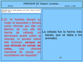 24
PARASHÁ 35 “Naaso” Levanta...
Edicion: Regresando a las Raices de la Fe – regresandoalasraicesdelafe@gmail.com Estudio: K. Blad
5:15 “el hombre llevará su
mujer al sacerdote y llevará
como ofrenda por ella un
décimo de una efá de
harina de cebada; no
derramará aceite sobre la
ofrenda, ni pondrá sobre
ella incienso, porque es
una ofrenda de cereal, de
celos, una ofrenda
memorial de cereal, un
recordatorio de iniquidad.”
PORCIÓN DE LA Torah Números 4:21-7:89 / Jueces 13:2-25 /
Juan 3:1 – 4:54
La cebada fue la harina más
barata, que se daba a los
animales.
 