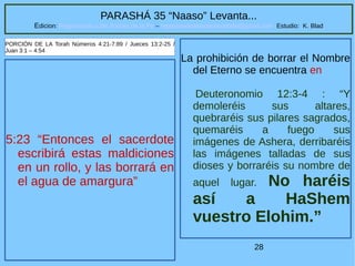 28
PARASHÁ 35 “Naaso” Levanta...
Edicion: Regresando a las Raices de la Fe – regresandoalasraicesdelafe@gmail.com Estudio: K. Blad
5:23 “Entonces el sacerdote
escribirá estas maldiciones
en un rollo, y las borrará en
el agua de amargura”
PORCIÓN DE LA Torah Números 4:21-7:89 / Jueces 13:2-25 /
Juan 3:1 – 4:54
La prohibición de borrar el Nombre
del Eterno se encuentra en
Deuteronomio 12:3-4 : “Y
demoleréis sus altares,
quebraréis sus pilares sagrados,
quemaréis a fuego sus
imágenes de Ashera, derribaréis
las imágenes talladas de sus
dioses y borraréis su nombre de
aquel lugar. No haréis
así a HaShem
vuestro Elohim.”
 