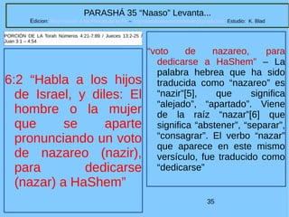 35
PARASHÁ 35 “Naaso” Levanta...
Edicion: Regresando a las Raices de la Fe – regresandoalasraicesdelafe@gmail.com Estudio: K. Blad
6:2 “Habla a los hijos
de Israel, y diles: El
hombre o la mujer
que se aparte
pronunciando un voto
de nazareo (nazir),
para dedicarse
(nazar) a HaShem”
PORCIÓN DE LA Torah Números 4:21-7:89 / Jueces 13:2-25 /
Juan 3:1 – 4:54
“voto de nazareo, para
dedicarse a HaShem” – La
palabra hebrea que ha sido
traducida como “nazareo” es
“nazir”[5], que significa
“alejado”, “apartado”. Viene
de la raíz “nazar”[6] que
significa “abstener”, “separar”,
“consagrar”. El verbo “nazar”
que aparece en este mismo
versículo, fue traducido como
“dedicarse”
 