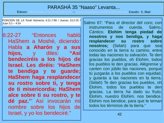 42
PARASHÁ 35 “Naaso” Levanta...
Edicion: Regresando a las Raices de la Fe – regresandoalasraicesdelafe@gmail.com Estudio: K. Blad
6:22-27 “Entonces habló
HaShem a Moshé, diciendo:
Habla a Aharón y a sus
hijos, y diles: “Así
bendeciréis a los hijos de
Israel. Les diréis: ‘HaShem
te bendiga y te guarde;
HaShem haga resplandecer
su rostro sobre ti, y tenga
de ti misericordia; HaShem
alce sobre ti su rostro, y te
dé paz.’” Así invocarán mi
nombre sobre los hijos de
Israel, y yo los bendeciré.”
PORCIÓN DE LA Torah Números 4:21-7:89 / Jueces 13:2-25 /
Juan 3:1 – 4:54 Salmo 67: “Para el director del coro; con
instrumentos de cuerda. Salmo.
Cántico. Elohim tenga piedad de
nosotros y nos bendiga, y haga
resplandecer su rostro sobre
nosotros; (Selah) para que sea
conocido en la tierra tu camino, entre
todas las naciones tu salvación. Te den
gracias los pueblos, oh Elohim, todos
los pueblos te den gracias. Alégrense y
canten con júbilo las naciones, porque
tú juzgarás a los pueblos con equidad,
y guiarás a las naciones en la tierra.
(Selah) Te den gracias los pueblos, oh
Elohim, todos los pueblos te den
gracias. La tierra ha dado su fruto;
Elohim, nuestro Elohim, nos bendice.
Elohim nos bendice, para que le teman
todos los términos de la tierra.”
 