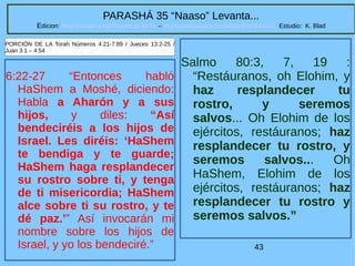 43
PARASHÁ 35 “Naaso” Levanta...
Edicion: Regresando a las Raices de la Fe – regresandoalasraicesdelafe@gmail.com Estudio: K. Blad
6:22-27 “Entonces habló
HaShem a Moshé, diciendo:
Habla a Aharón y a sus
hijos, y diles: “Así
bendeciréis a los hijos de
Israel. Les diréis: ‘HaShem
te bendiga y te guarde;
HaShem haga resplandecer
su rostro sobre ti, y tenga
de ti misericordia; HaShem
alce sobre ti su rostro, y te
dé paz.’” Así invocarán mi
nombre sobre los hijos de
Israel, y yo los bendeciré.”
PORCIÓN DE LA Torah Números 4:21-7:89 / Jueces 13:2-25 /
Juan 3:1 – 4:54
Salmo 80:3, 7, 19 :
“Restáuranos, oh Elohim, y
haz resplandecer tu
rostro, y seremos
salvos... Oh Elohim de los
ejércitos, restáuranos; haz
resplandecer tu rostro, y
seremos salvos... Oh
HaShem, Elohim de los
ejércitos, restáuranos; haz
resplandecer tu rostro y
seremos salvos.”
 