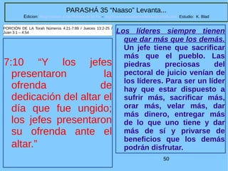 50
PARASHÁ 35 “Naaso” Levanta...
Edicion: Regresando a las Raices de la Fe – regresandoalasraicesdelafe@gmail.com Estudio: K. Blad
7:10 “Y los jefes
presentaron la
ofrenda de
dedicación del altar el
día que fue ungido;
los jefes presentaron
su ofrenda ante el
altar.”
PORCIÓN DE LA Torah Números 4:21-7:89 / Jueces 13:2-25 /
Juan 3:1 – 4:54 Los líderes siempre tienen
que dar más que los demás.
Un jefe tiene que sacrificar
más que el pueblo. Las
piedras preciosas del
pectoral de juicio venían de
los líderes. Para ser un líder
hay que estar dispuesto a
sufrir más, sacrificar más,
orar más, velar más, dar
más dinero, entregar más
de lo que uno tiene y dar
más de sí y privarse de
beneficios que los demás
podrán disfrutar.
 