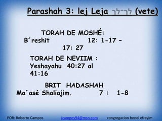 Parashah 3: lej Leja                            (vete)

             TORAH DE MOSHÉ:
        B´reshit         12: 1-17 –
                  17: 27
            TORAH DE NEVIIM :
            Yeshayahu 40:27 al
            41:16
            BRIT HADASHAH
    Ma´asé Shaliajim.   7 :                    1-8


POR: Roberto Campos   Jcampos94@msn.com   congregacion benei efrayim
 