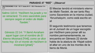 PARASHÁ 47 “REÉ” - ¡Observa! 
Salmo 110:4: “HaShem ha jurado y no 
se retractará: Tú eres sacerdote para 
siempre según el orden de Malki- 
Tsedek.” 
Génesis 22:14: “Y llamó Avraham 
aquel lugar con el nombre de El 
Eterno Mostrará [Yiré], como se dice 
hasta hoy: En el monte de HaShem lo 
mostrará [yiraé].” 
El Mesías tendrá el ministerio eterno 
de Malki-Tsedek, de ser tanto Rey 
como Sacerdote en la misma ciudad, 
Yerushalayim, como está escrito en 
el 
El segundo testimonio que tenemos 
en el Jumash de un lugar escogido 
por HaShem para poner allí su 
nombre permanentemente, se 
encuentra en Génesis 22 donde 
habla de la atadura de Yitsjak sobre 
el altar en uno de los montes de la 
tierra de Moriá. 
DEUTERONOMIO 11:26 – 16:17 / Isaías 54:11 – 55:5 / Revelación 7:9 – 
9:21 
 