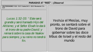 PARASHÁ 47 “REÉ” - ¡Observa! 
Lucas 1:32-33: “ Este será 
grande y será llamado Hijo del 
Altísimo; y el Señor Eloah le dará 
el trono de su padre David; y 
reinará sobre la casa de Yaakov 
para siempre, y su reino no tendrá 
fin. 
Yeshúa el Mesías, muy 
pronto, se sentará sobre el 
trono de David para 
gobernar sobre las doce 
tribus de Israel y el resto del 
mundo 
DEUTERONOMIO 11:26 – 16:17 / Isaías 54:11 – 55:5 / Revelación 7:9 – 
9:21 
 