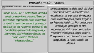 PARASHÁ 47 “REÉ” - ¡Observa! 
Lucas 6:35-36: “ Antes bien, amad a 
vuestros enemigos, y haced bien, y 
prestad no esperando nada a cambio, 
y vuestra recompensa será grande, y 
seréis hijos del Altísimo; porque Él es 
bondadoso para con los ingratos y 
perversos. Sed misericordiosos, así 
como vuestro Padre es 
misericordioso.” 
Vemos la misma tensión aquí. Se dice 
“ vuestro Padre” a aquellos que 
necesitan amar y prestar sin esperar 
nada a cambio para poder llegar a 
ser hijos de Altísimo. Por un lado ya 
eran hijos, pero por el otro 
necesitaban vivir de acuerdo a los 
mandamientos para llegar a serlo. 
Comparemos con dos textos escritos 
después de la resurrección del 
Mesías. 
DEUTERONOMIO 11:26 – 16:17 / Isaías 54:11 – 55:5 / Revelación 7:9 – 
9:21 
 