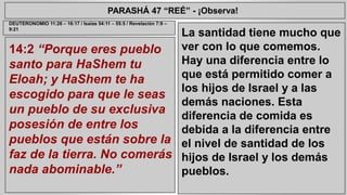 PARASHÁ 47 “REÉ” - ¡Observa! 
14:2 “Porque eres pueblo 
santo para HaShem tu 
Eloah; y HaShem te ha 
escogido para que le seas 
un pueblo de su exclusiva 
posesión de entre los 
pueblos que están sobre la 
faz de la tierra. No comerás 
nada abominable.” 
La santidad tiene mucho que 
ver con lo que comemos. 
Hay una diferencia entre lo 
que está permitido comer a 
los hijos de Israel y a las 
demás naciones. Esta 
diferencia de comida es 
debida a la diferencia entre 
el nivel de santidad de los 
hijos de Israel y los demás 
pueblos. 
DEUTERONOMIO 11:26 – 16:17 / Isaías 54:11 – 55:5 / Revelación 7:9 – 
9:21 
 
