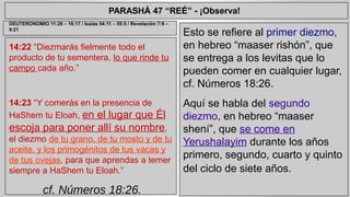 PARASHÁ 47 “REÉ” - ¡Observa! 
14:22 “Diezmarás fielmente todo el 
producto de tu sementera, lo que rinde tu 
campo cada año.” 
14:23 “Y comerás en la presencia de 
HaShem tu Eloah, en el lugar que Él 
escoja para poner allí su nombre, 
el diezmo de tu grano, de tu mosto y de tu 
aceite, y los primogénitos de tus vacas y 
de tus ovejas, para que aprendas a temer 
siempre a HaShem tu Eloah.” 
cf. Números 18:26. 
Esto se refiere al primer diezmo, 
en hebreo “maaser rishón”, que 
se entrega a los levitas que lo 
pueden comer en cualquier lugar, 
cf. Números 18:26. 
Aquí se habla del segundo 
diezmo, en hebreo “maaser 
shení”, que se come en 
Yerushalayim durante los años 
primero, segundo, cuarto y quinto 
del ciclo de siete años. 
DEUTERONOMIO 11:26 – 16:17 / Isaías 54:11 – 55:5 / Revelación 7:9 – 
9:21 
 