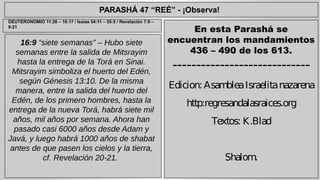 PARASHÁ 47 “REÉ” - ¡Observa! 
16:9 “siete semanas” – Hubo siete 
semanas entre la salida de Mitsrayim 
hasta la entrega de la Torá en Sinai. 
Mitsrayim simboliza el huerto del Edén, 
según Génesis 13:10. De la misma 
manera, entre la salida del huerto del 
Edén, de los primero hombres, hasta la 
entrega de la nueva Torá, habrá siete mil 
años, mil años por semana. Ahora han 
pasado casi 6000 años desde Adam y 
Javá, y luego habrá 1000 años de shabat 
antes de que pasen los cielos y la tierra, 
cf. Revelación 20-21. 
En esta Parashá se 
encuentran los mandamientos 
436 – 490 de los 613. 
----------------------------- 
Edicion: Asamblea Israelita nazarena 
http:regresandalasraices.org 
Textos: K.Blad 
Shalom. 
DEUTERONOMIO 11:26 – 16:17 / Isaías 54:11 – 55:5 / Revelación 7:9 – 
9:21 
 