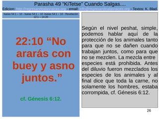 Edicion: http://regresandoalasraices.org - email: info@regresandoalasraices.org - Textos: K. Blad. 
26 
Parasha 49 “KiTetse” Cuando Salgas.... 
22:10 “No 
ararás con 
buey y asno 
juntos.” 
cf. Génesis 6:12. 
Según el nivel peshat, simple, 
podemos hablar aquí de la 
protección de los animales tanto 
para que no se dañen cuando 
trabajan juntos, como para que 
no se mezclen. La mezcla entre 
especies está prohibida. Antes 
del diluvio fueron mezclados los 
especies de los animales y al 
final dice que toda la carne, no 
solamente los hombres, estaba 
corrompida, cf. Génesis 6:12. 
Isaías 54:1 – 10 - Isaías 54:1 – 10 -Isaías 54:1 – 10 - Revelación 
12:1 – 14:20 
 