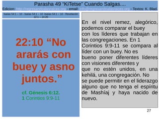 Edicion: http://regresandoalasraices.org - email: info@regresandoalasraices.org - Textos: K. Blad. 
27 
Parasha 49 “KiTetse” Cuando Salgas.... 
22:10 “No 
ararás con 
buey y asno 
juntos.” 
cf. Génesis 6:12. 
1 Corintios 9:9-11 
En el nivel remez, alegórico, 
podemos comparar el buey 
con los líderes que trabajan en 
las congregaciones. En 1 
Corintios 9:9-11 se compara al 
líder con un buey. No es 
bueno poner diferentes líderes 
con visiones diferentes y 
que no estén unidos, en una 
kehilá, una congregación. No 
se puede permitir en el liderazgo 
alguno que no tenga el espíritu 
de Mashíaj y haya nacido de 
nuevo. 
Isaías 54:1 – 10 - Isaías 54:1 – 10 -Isaías 54:1 – 10 - Revelación 
12:1 – 14:20 
 