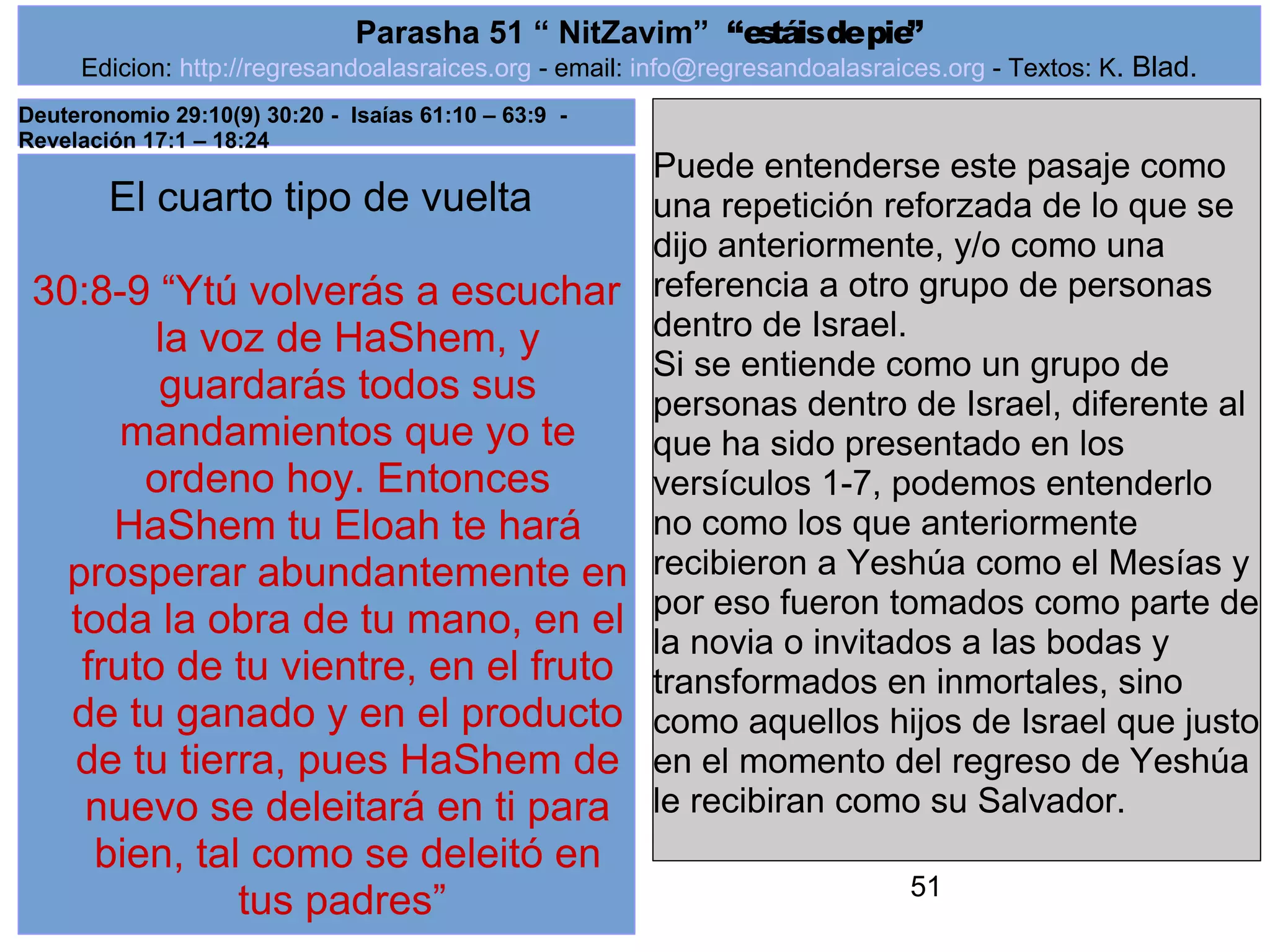 Parasha 51 “ NitZavim” “estáis de pie” 
Edicion: http://regresandoalasraices.org - email: info@regresandoalasraices.org - Textos: K. Blad. 
51 
El cuarto tipo de vuelta 
30:8-9 “Ytú volverás a escuchar 
la voz de HaShem, y 
guardarás todos sus 
mandamientos que yo te 
ordeno hoy. Entonces 
HaShem tu Eloah te hará 
prosperar abundantemente en 
toda la obra de tu mano, en el 
fruto de tu vientre, en el fruto 
de tu ganado y en el producto 
de tu tierra, pues HaShem de 
nuevo se deleitará en ti para 
bien, tal como se deleitó en 
tus padres” 
Puede entenderse este pasaje como 
una repetición reforzada de lo que se 
dijo anteriormente, y/o como una 
referencia a otro grupo de personas 
dentro de Israel. 
Si se entiende como un grupo de 
personas dentro de Israel, diferente al 
que ha sido presentado en los 
versículos 1-7, podemos entenderlo 
no como los que anteriormente 
recibieron a Yeshúa como el Mesías y 
por eso fueron tomados como parte de 
la novia o invitados a las bodas y 
transformados en inmortales, sino 
como aquellos hijos de Israel que justo 
en el momento del regreso de Yeshúa 
le recibiran como su Salvador. 
Deuteronomio 29:10(9) 30:20 - Isaías 61:10 – 63:9 - 
Revelación 17:1 – 18:24 
 