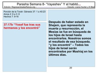 20
Parasha Semana 8- “Vayeshev” Y el habitó...
Edición: RegresandoalasRaices.org – mesianicoscolombia@gmail.com - Estudio: Liiana Hunter y K Blad
Después de haber estado en
Shejem, que representa la
muerte y resurrección, el
Mesías se fue en búsqueda de
los hijos de Israel hasta
encontrarlos. Nosotros somos
el resultado de esa búsqueda.
“y los encontró” – Todos los
hijos de Israel serán
encontrados por Mashiaj en los
últimos días.
Porción de la Torah: Génesis 25:19 a
28: 9
Malaquias 1: 1 a 2: 7; Romanos 9: 6: 16
Hebreos 11: 20; 12: 14
37:17b “Yosef fue tras sus
hermanos y los encontró”
Porción de la Torah: Génesis 25:19 a
28: 9
Malaquias 1: 1 a 2: 7; Romanos 9: 6: 16
Hebreos 11: 20; 12: 14
Porción de la Torah: Génesis 37: 1 a 40:23
Amos 2: 6 a 3: 8
Hechos 7: 9-16
 