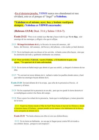 -En el desierto/prueba, YHWH nunca nos abandonará ni nos
   olvidará, esto es el porque el “ángel” esYahshua.

   “Yahshua es el mismo, ayer, hoy y leolam vaed/para
   siempre. (Yahshua es YHWH encarnado)

   (Hebreos 13:5-8; Deut. 31:6 y Salmo 118:6-7).

   Éxodo 23:22 “Pero si en verdad oyes Su voz y haces todo lo que Yo te diga, seré
   enemigo de tus enemigos y afligiré a los que te aflijan.

23:23 Mi ángel irá delante de ti y te llevará a la tierra del amorreo, del
   heteo, del ferezeo, del cananeo, del heveo y del jebuseo, a los cuales yo haré destruir.

23:24 No te inclinarás ante sus dioses ni los servirás, ni harás como ellos hacen, sino que
   los destruirás del todo y quebrarás totalmente sus estatuas.

23:25 Pero serviréis a Yahweh, vuestro Elohim, y El bendecirá tu pan y tus
   aguas. "Yo apartaré de ti toda enfermedad.

23:26 En tu tierra no habrá mujer que aborte ni que sea estéril, y alargaré el número de tus
   días.

23:27 "Yo enviaré mi terror delante de ti; turbaré a todos los pueblos donde entres y haré
   que todos tus enemigos huyan delante de ti.

Éxodo 23:28 Enviaré delante de ti la avispa, que eche de tu presencia al heveo, al
   cananeo y al heteo.

23:29 No los expulsaré de tu presencia en un año, para que no quede la tierra desierta ni
   se multipliquen contra ti las fieras del campo.

23:30 Poco a poco los echaré de tu presencia, hasta que te multipliques y tomes posesión
   de la tierra.

    23:31 Fijaré tus límites desde el Mar de Surf/ Rojo hasta el mar de los filisteos y desde
   el desierto hasta el Éufrates, porque pondré en tus manos a los habitantes de la tierra y
   tú los arrojarás de delante de ti.

   Éxodo 23:32 "No harás alianza con ellos ni con sus elohim/dioses.

    23:33 En tu tierra no habitarán, no sea que te hagan pecar contra Mí sirviendo a
   sus elohim/ dioses, porque te será tropiezo".
 
