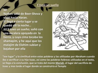 Y tuvo un sueño
10
Yaakov salió de Beer-Sheva y
viajó hacia Haran.
El llegó a cierto lugar y se
quedó allí la noche…
12 Y ...