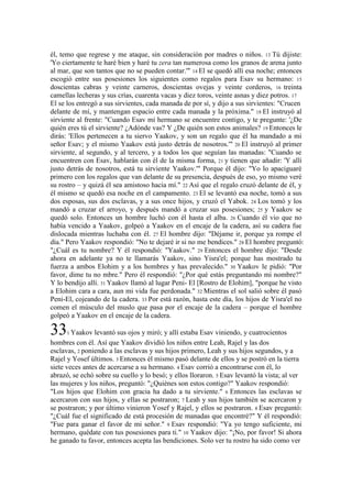 él, temo que regrese y me ataque, sin consideración por madres o niños. 13 Tú dijiste:
'Yo ciertamente te haré bien y haré tu zera tan numerosa como los granos de arena junto
al mar, que son tantos que no se pueden contar.'" 14 El se quedó allí esa noche; entonces
escogió entre sus posesiones los siguientes como regalos para Esav su hermano: 15
doscientas cabras y veinte carneros, doscientas ovejas y veinte corderos, 16 treinta
camellas lecheras y sus crías, cuarenta vacas y diez toros, veinte asnas y diez potros. 17
El se los entregó a sus sirvientes, cada manada de por sí, y dijo a sus sirvientes: "Crucen
delante de mí, y mantengan espacio entre cada manada y la próxima." 18 El instruyó al
sirviente al frente: "Cuando Esav mi hermano se encuentre contigo, y te pregunte: '¿De
quién eres tú el sirviente? ¿Adónde vas? Y ¿De quién son estos animales? 19 Entonces le
dirás: 'Ellos pertenecen a tu siervo Yaakov, y son un regalo que él ha mandado a mi
señor Esav; y el mismo Yaakov está justo detrás de nosotros.'" 20 El instruyó al primer
sirviente, al segundo, y al tercero, y a todos los que seguían las manadas: "Cuando se
encuentren con Esav, hablarán con él de la misma forma, 21 y tienen que añadir: 'Y allí
justo detrás de nosotros, está tu sirviente Yaakov.'" Porque él dijo: "Yo lo apaciguaré
primero con los regalos que van delante de su presencia, después de eso, yo mismo veré
su rostro – y quizá él sea amistoso hacia mí." 22 Así que el regalo cruzó delante de él, y
él mismo se quedó esa noche en el campamento. 23 El se levantó esa noche, tomó a sus
dos esposas, sus dos esclavas, y a sus once hijos, y cruzó el Yabok. 24 Los tomó y los
mandó a cruzar el arroyo, y después mandó a cruzar sus posesiones; 25 y Yaakov se
quedó solo. Entonces un hombre luchó con él hasta el alba. 26 Cuando él vio que no
había vencido a Yaakov, golpeó a Yaakov en el encaje de la cadera, así su cadera fue
dislocada mientras luchaba con él. 27 El hombre dijo: "Déjame ir, porque ya rompe el
día." Pero Yaakov respondió: "No te dejaré ir si no me bendices." 28 El hombre preguntó:
"¿Cuál es tu nombre? Y él respondió: "Yaakov." 29 Entonces el hombre dijo: "Desde
ahora en adelante ya no te llamarás Yaakov, sino Yisra'el; porque has mostrado tu
fuerza a ambos Elohim y a los hombres y has prevalecido." 30 Yaakov le pidió: "Por
favor, dime tu no mbre." Pero él respondió: "¿Por qué estás preguntando mi nombre?"
Y lo bendijo allí. 31 Yaakov llamó al lugar Peni- El [Rostro de Elohim], "porque he visto
a Elohim cara a cara, aun mi vida fue perdonada." 32 Mientras el sol salió sobre él pasó
Peni-El, cojeando de la cadera. 33 Por está razón, hasta este día, los hijos de Yisra'el no
comen el músculo del muslo que pasa por el encaje de la cadera – porque el hombre
golpeó a Yaakov en el encaje de la cadera.

33 Yaakov levantó sus ojos y miró; y allí estaba Esav viniendo, y cuatrocientos
      1

hombres con él. Así que Yaakov dividió los niños entre Leah, Rajel y las dos
esclavas, 2 poniendo a las esclavas y sus hijos primero, Leah y sus hijos segundos, y a
Rajel y Yosef últimos. 3 Entonces él mismo pasó delante de ellos y se postró en la tierra
siete veces antes de acercarse a su hermano. 4 Esav corrió a encontrarse con él, lo
abrazó, se echó sobre su cuello y lo besó; y ellos lloraron. 5 Esav levantó la vista; al ver
las mujeres y los niños, preguntó: "¿Quiénes son estos contigo?" Yaakov respondió:
"Los hijos que Elohim con gracia ha dado a tu sirviente." 6 Entonces las esclavas se
acercaron con sus hijos, y ellas se postraron; 7 Leah y sus hijos también se acercaron y
se postraron; y por último vinieron Yosef y Rajel, y ellos se postraron. 8 Esav preguntó:
"¿Cuál fue el significado de está procesión de manadas que encontré?" Y él respondió:
"Fue para ganar el favor de mi señor." 9 Esav respondió: "Ya yo tengo suficiente, mi
hermano, quédate con tus posesiones para ti." 10 Yaakov dijo: "¡No, por favor! Si ahora
he ganado tu favor, entonces acepta las bendiciones. Solo ver tu rostro ha sido como ver
 