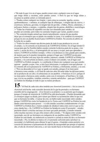 9 "De todo lo que vive en el agua, puedes comer estos: cualquier cosa en el agua
que tenga aletas y escamas, estos puedes comer. 10 Pero lo que no tenga aletas y
escamas no podrás comer; es inmundo para ti.
11 "Puedes comer cualquier ave limpia; 12 pero estos no comerás: águilas, azores,
quebrantahuesos, 13 milanos, ni cualquier tipo de alfaneque, 14 ningún tipo de cuervo, 15
avestruces, lechuzas, gaviotas, ni ningún tipo de gavilán, 16 búhos, íbices, calamones, 17
pelícanos, buitres y mergos, 18 cigüeñas, ningún tipo de garzas, abubillas y murciélagos.
19 "Todas las criaturas de enjambre con alas son inmundas para ustedes; no
pueden ser comidas; pero todos los animales limpios que vuelan, pueden comer.
21 "No comerán ningún animal que muera naturalmente; a pesar de que pueden
dejar que el extranjero que se queda con ustedes lo coma, o lo venderás al extranjero;
porque tú eres un pueblo Kadosh para YAHWEH tu Elohim. No cocerás al cabrito en
la leche de su madre.
22 "Todos los años tomarás una décima parte de todo lo que produzca tu zera en
el campo, 23 y lo comerás en la presencia de YAHWEH tu Elohim. En el lugar donde El
escoja para que Su Nombre habite ustedes comerán la décima parte de su grano, vino
nuevo, y aceite de oliva, y el primogénito de sus reses y ovejas, para que aprendan a
temer a YAHWEH su Elohim siempre. 24 Pero si la distancia es muy grande para ustedes,
de manera que no lo pueden transportar, porque el lugar que YAHWEH escoja para
poner Su Nombre está muy lejos de ustedes; entonces, cuando YAHWEH su Elohim los
prospere, 25 lo convertirán en dinero, como el dinero con ustedes, van al lugar cual
YAHWEH su Elohim escogerá, 26 y cambiarán el dinero por cualquier cosa que ustedes
quieran – ganado, ovejas, vino, u otro licor intoxicante, o cualquier cosa que plazcan – y
lo comerán allí en la presencia de YAHWEH su Elohim, y disfrutarán, ustedes, y su casa.
27 "Pero no descuiden al Levi que se queda con ustedes, porque él no tiene parte
o herencia como ustedes. 28 Al final de cada tres años llevarán todas las décimas partes
de su producto de ese año y lo almacenan en sus pueblos. 29 Entonces el Levi, porque él
no tiene parte o herencia como ustedes, junto con el extranjero, el huérfano y la viuda
que viva en sus pueblos, vendrán, comerán y estarán satisfechos – para que YAHWEH
su Elohim los bendiga en todo lo que su manos producen.
151 "Al final de cada siete años tendrán una shemittah (remisión). 2 Así es como la
shemittah será hecha: todo acreedor desistirá de lo que ha prestado a su hermano
miembro de la congregación – él no forzará a su prójimo o a su pariente que lo pague,
porque el tiempo de remisión de YAHWEH ha sido proclamado. 3 Pueden demandar que
el extranjero pague su deuda, pero tienen que liberar su reclamación sobre lo que sea
que su hermano les deba. 4 A pesar de esto, no habrá nadie necesitado entre ustedes;
porque YAHWEH de cierto los bendecirá en La Tierra cual YAHWEH su Elohim les está
dando como herencia para poseer – 5 si sólo ustedes escuchan cuidadosamente a lo que
YAHWEH su Elohim dice y tienen cuidado de obedecer todos estos mitzvot que yo les
estoy dando hoy. 6 Sí, YAHWEH su Elohim los bendecirá como El prometió – ustedes
prestarán dinero a muchas naciones sin tener que pedir prestado, y ustedes reinarán
sobre muchas naciones sin que ellas reinen sobre ustedes. 7 "Si alguno entre ustedes está
necesitado, uno de sus hermanos en cualquiera de sus pueblos cuales YAHWEH su
Elohim les está dando, no endurecerá su corazón o cerrará su mano de dar a su hermano
necesitado. 8 No, tú abrirás tu mano a él y le prestarás suficiente para satisfacer su
necesidad y lo habilitarás para obtener lo que él quiera. 9 Guárdate contra permitir a tu
corazón de entretener el pensamiento de espíritu de mezquindad que porque el séptimo
año, el año de shemittah está cerca, y así seas tacaño hacia tu hermano necesitado y no
 