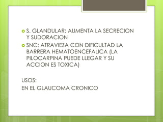  S. GLANDULAR: AUMENTA LA SECRECION
  Y SUDORACION
 SNC: ATRAVIEZA CON DIFICULTAD LA
  BARRERA HEMATOENCEFALICA (LA
  PILOCARPINA PUEDE LLEGAR Y SU
  ACCION ES TOXICA)

USOS:
EN EL GLAUCOMA CRONICO
 