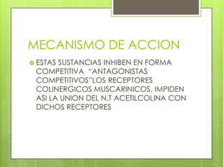 MECANISMO DE ACCION
 ESTASSUSTANCIAS INHIBEN EN FORMA
 COMPETITIVA “ANTAGONISTAS
 COMPETITIVOS”LOS RECEPTORES
 COLINERGICOS MUSCARINICOS. IMPIDEN
 ASI LA UNION DEL N.T ACETILCOLINA CON
 DICHOS RECEPTORES
 