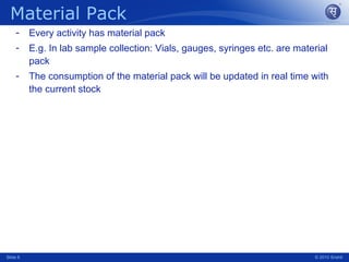 Material Pack Every activity has material pack  E.g. In lab sample collection: Vials, gauges, syringes etc. are material pack The consumption of the material pack will be updated in real time with the current stock Slide  © 2010 Srishti 