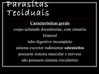 Parasitas
Teciduais
           Características gerais
 corpo achatado dorsalmente, com simetria
                  bilateral
         tubo digestivo incompleto
  sistema excretor rudimentar solenócitos
    possuem sistema muscular e nervoso
      não possuem sistema circulatório
 