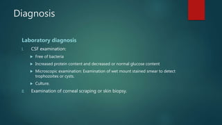 Diagnosis
Laboratory diagnosis
I. CSF examination:
 Free of bacteria
 Increased protein content and decreased or normal glucose content
 Microscopic examination: Examination of wet mount stained smear to detect
trophozoites or cysts.
 Culture.
II. Examination of corneal scraping or skin biopsy.
 