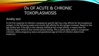 Dx OF ACUTE & CHRONIC
TOXOPLASMOSIS
Avidity test
In the first response to infection, toxoplasma-specific IgG has a low affinity for the toxoplasma
antigen; in the following weeks and month, IgG affinity for the antigen increases. Based on the
IgG avidity test, if the IgG in the infected individual has a high affinity, it means that the
infection began three to five months before testing. This is particularly useful in congenital
infection, where pregnancy status and gestational age at time of infection determines
treatment.
 