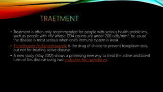 • Treatment is often only recommended for people with serious health proble-ms,
such as people with HIV whose CD4 counts are under 200 cells/mm3, be-cause
the disease is most serious when one's immune system is weak.
• Ttimethoprim/sulfamethoxazole is the drug of choice to prevent toxoplasm-osis,
but not for treating active disease.
• A new study (May 2012) shows a promising new way to treat the active and latent
form of this disease using two endochin-like quinolones.
 