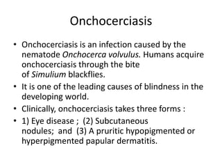 Onchocerciasis
• Onchocerciasis is an infection caused by the
nematode Onchocerca volvulus. Humans acquire
onchocerciasis through the bite
of Simulium blackflies.
• It is one of the leading causes of blindness in the
developing world.
• Clinically, onchocerciasis takes three forms :
• 1) Eye disease ; (2) Subcutaneous
nodules; and (3) A pruritic hypopigmented or
hyperpigmented papular dermatitis.
 
