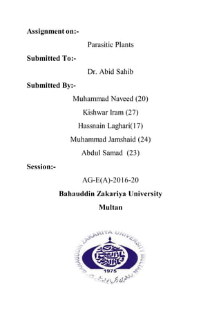 Assignment on:-
Parasitic Plants
Submitted To:-
Dr. Abid Sahib
Submitted By:-
Muhammad Naveed (20)
Kishwar Iram (27)
Hassnain Laghari(17)
Muhammad Jamshaid (24)
Abdul Samad (23)
Session:-
AG-E(A)-2016-20
Bahauddin Zakariya University
Multan
 