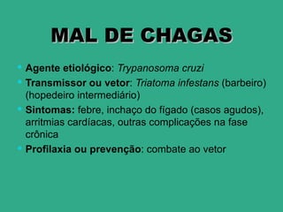 MAL DE CHAGAS
 Agente etiológico: Trypanosoma cruzi
 Transmissor ou vetor: Triatoma infestans (barbeiro)
  (hopedeiro intermediário)
 Sintomas: febre, inchaço do fígado (casos agudos),
  arritmias cardíacas, outras complicações na fase
  crônica
 Profilaxia ou prevenção: combate ao vetor
 