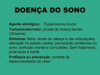 DOENÇA DO SONO
 Agente etiológico: Trypanosoma brucei
 Transmissão/vetor: picada da mosca tsé-tsé
  (Glossina)
 Sintomas: febre, dores de cabeça e nas articulações,
  alteração no estado mental, provocando problemas no
  sono, confusão mental e convulsões. Sem tratamento,
  pode levar à morte
 Profilaxia ou prevenção: controle do
  desenvolvimento do vetor
 