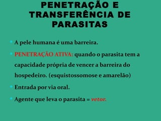 PENETRAÇÃO E
       TRANSFERÊNCIA DE
           PARASITAS

 A pele humana é uma barreira.

 PENETRAÇÃO ATIVA: quando o parasita tem a
 capacidade própria de vencer a barreira do
 hospedeiro. (esquistossomose e amarelão)
 Entrada por via oral.

 Agente que leva o parasita = vetor.
 