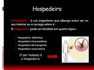 Hospedeiro
Hospedeiro - é um organismo que alberga outro ser no
seu interior ou o carrega sobre si .
O Hospedeiro pode ser dividido em quatro tipos :

   Hospedeiro definitivo
   Hospedeiro intermediário
   Hospedeiro de transporte
   Hospedeiro reservatório

     O ser humano é
      o hospedeiro.
 
