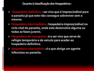 Quanto à classificação dos Hospedeiros :

 Hospedeiro definitivo : ser vivo que é imprescindível para
  o parasita já que este não consegue sobreviver sem o
  mesmo.
 Hospedeiro intermediário : hospedeiro imprescindível no
  ciclo vital do parasita, onde este desenvolve alguma ou
  todas as fases juvenis.
 Hospedeiro de transporte : é o ser vivo que serve de
  refúgio temporário e de veículo para aceder ao
  hospedeiro definitivo.
 Hospedeiro reservatório : é o que abriga um agente
  infeccioso ou parasita.
 