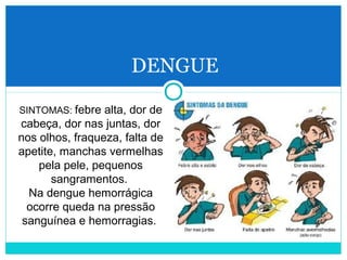 DENGUE 
SINTOMAS: febre alta, dor de 
cabeça, dor nas juntas, dor 
nos olhos, fraqueza, falta de 
apetite, manchas vermelhas 
pela pele, pequenos 
sangramentos. 
Na dengue hemorrágica 
ocorre queda na pressão 
sanguínea e hemorragias. 
 