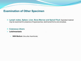  Lymph nodes, Spleen, Liver, Bone Marrow and Spinal Fliud: Aspirated material
may be examined for presence of trypanosomes, leishmanial forms and amoebae.
 Cutaneous Ulcers
 Leishmaniasis
 NNN Medium: (Novy-Mac Neal-Nicolle)
Examination of Other Specimen
 