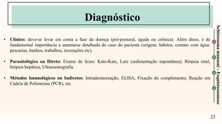 23
Schistosoma
mansoni
–
Esquistossomose
Diagnóstico
• Clínico: deve-se levar em conta a fase da doença (pré-postural, aguda ou crônica). Além disso, é de
fundamental importância a anamnese detalhada do caso do paciente (origem; hábitos, contato com água:
pescarias, banhos, trabalhos, recreações etc).
• Parasitológico ou Direto: Exame de fezes: Kato-Katz, Lutz (sedimentação espontânea), Biópsia retal,
biópsia hepática, Ultrassonografia.
• Métodos Imunológicos ou Indiretos: Intradermoreação, ELISA, Fixação do complemento, Reação em
Cadeia de Polimerase (PCR), etc.
 