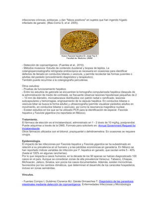 infecciones crónicas, ectópicas, y dan "falsos positivos" en sujetos que han ingerido hígado
infectado de ganado. (Mas-Coma S, et al. 2005).
Huevo Fasciola hepatica Dr. Jorge Tay Z.
Facultad de. Medicina, UNAM
- Detección de coproantígenos. (Fuentes et al., 2010).
- Métodos invasivos: Estudio de contenido duodenal y biopsia de tejidos. La
colangiopancreatografía retrógrada endoscópica es necesaria en ocasiones para identificar
defectos de llenado en conductos biliares o vesícula, y permite recolectar las formas juveniles o
adultas del parásito (procedimiento diagnóstico y terapéutico).
También puede recurrirse a la colangiografía percutánea.
Otros estudios:
- Pruebas de funcionamiento hepático.
- Entre los estudios de gabinete se encuentran la tomografía computarizada hepática (después de
la administración de medio de contraste, es frecuente observar lesiones hipodensas pequeñas de 2
– 10 mm de diámetro, microabscesos distribuidos con patrón radial o ramificado, lesiones
subcapsulares y hemorragias, engrosamiento de la cápsula hepática. En conductos biliares o
vesícula biliar se busca la forma adulta) y ultrasonografía (permite visualizar parásitos adultos en
movimiento, en conductos biliares o vesícula), así como la resonancia magnética nuclear.
- Existen estudios en los que se ha utilizado PCR para la identificación de especie: Fasciola
hepatica y Fasciola gigantica (no reportada en México).
Tratamiento.
El fármaco de elección es el triclabendazol, administrado en 1 - 2 dosis de 10 mg/kg, postprandial.
Puede adquirirse a través de la OMS. Formato para solicitarlo en: Annual Government Request for
triclabendazole.
Otros fármacos utilizados son el bitionol, praziquantel o dehidroemetina. En ocasiones se requiere
cirugía.
Epidemiología.
El impacto de las infecciones por Fasciola hepatica y Fasciola gigantica se ha subestimado en
relación a su prevalencia en el humano y a las pérdidas económicas en ganadería. En México se
han reportado índices variables de infección por F. hepatica en ganado, que oscilan entre 5 - 40%
(hasta el 100% en algunas rancherías).
Por lo que respecta a casos humanos, en la década de los 90 apenas se habían diagnosticado 100
casos en el país. Aunque se consideran zonas de alta prevalencia Veracruz, Tabasco, Chiapas,
Michoacán, Jalisco, Sinaloa, son pocos los casos documentados. Además, existen microclimas,
favorecidos por los cambios climáticos, que determinan el desarrollo de los caracoles hospederos,
incluso en zonas semiáridas.
Vínculos.
- Fuentes Corripio I, Gutiérrez Cisneros MJ, Gárate Ormaechea T. Diagnóstico de las parasitosis
intestinales mediante detección de coproantígenos. Enfermedades Infecciosas y Microbiología
 