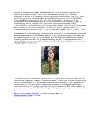 infección, la exposición previa y los alergenos larvarios. Las larvas ocasionan la ruptura de
capilares y paredes alveolares, lo que da lugar a hemorragias y un proceso inflamatorio
diseminado, eosinofilia local y sanguínea. Dicha fase puede pasar inadvertida, ofrecer un cuadro
semejante al de la gripe común o producir un cuadro transitorio de neumonitis eosinofílica (sín.
síndrome de Loeffler), pocas veces febril febril, que puede asociarse a: espasmos de tos,
expectoración ocasionalmente hemoptoica, sibilancias, estertores de burbuja fina y signos de
consolidación pulmonar, broncoespasmo y eosinofilia periférica de intensidad variable.
Pueden presentarse erupciones cutáneas y episodios asmatiformes. Varios estudios han reportado
a IgE antiascaris como un importante factor de riesgo para el asma, pero esto puede ser
ocasionado por el aumento en la producción de IgE por parte de sujetos atópicos (Philip JC. 2009).
A nivel intestinal, los parásitos no se fijan a la mucosa, dependen de su poderosa musculatura para
evitar ser arrastrados por los movimientos peristálticos. En infecciones con pocos nematodos, los
signos y síntomas son vagos o no los hay. Se han reportado dolor abdominal, diarrea, anorexia.
Cuando la carga parasitaria es alta, la parasitosis se asocia a dolor y distensión abdominales,
náusea, vómito, movimientos peristálticos disminuídos. En estos casos, es frecuente observar a los
niños con abdomen prominente.
Abdomen prominente. CDC
Las complicaciones son obstrucción intestinal, volvulus, intusucepción, apendicitis, obstrucción de
conducto biliar (colecistitis, colangitis), conducto pancreático (pancreatitis), invasión de parénquima
hepático (absceso hepático) y perforaciones intestinales, éstas asociadas a otras patologías que
producen úlceras intestinales (tifoidea, tuberculosis, amibiasis) o debidas a la presión sobre la
pared intestinal de un gran bolo de nematodos, con necrosis y gangrena. Cuando los parásitos se
encuentran en cavidad peritoneal se desarrolla peritonitis o la formación de granulomas dispersos.
>
Ascaris lumbricoides en estómago. Extracción quirúrgica. YouTube.
Extracción de vías biliares. YouTube.
 