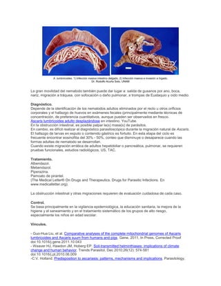 A. lumbricoides. 1) Infección masiva intestino delgado, 2) Infección masiva e invasión a hígado.
Dr. Rodolfo Acuña Soto, UNAM
La gran movilidad del nematodo también puede dar lugar a: salida de gusanos por ano, boca,
nariz, migración a tráquea, con sofocación o daño pulmonar, a trompas de Eustaquio y oído medio.
Diagnóstico.
Depende de la identificación de los nematodos adultos eliminados por el recto u otros orificios
corporales y el hallazgo de huevos en exámenes fecales (principalmente mediante técnicas de
concentración, de preferencia cuantitativos, aunque pueden ser observados en fresco.
Ascaris lumbricoides adulto desplazándose en intestino. YouTube.
En la obstrucción intestinal, es posible palpar la(s) masa(s) de parásitos.
En cambio, es difícil realizar el diagnóstico parasitoscópico durante la migración natural de Ascaris.
El hallazgo de larvas en esputo o contenido gástrico es fortuito. En esta etapa del ciclo es
frecuente encontrar eosinofilia del 30% - 50%, conteo que disminuye o desaparece cuando las
formas adultas de nematodo se desarrollan.
Cuando existe migración errática de adultos hepatobiliar o pancreática, pulmonar, se requieren
pruebas funcionales, estudios radiológicos, US, TAC.
Tratamiento.
Albendazol.
Mebendazol.
Piperazina.
Pamoato de pirantel.
(The Medical Letter® On Drugs and Therapeutics. Drugs for Parasitic Infections. En
www.medicalletter.org).
La obstrucción intestinal y otras migraciones requieren de evaluación cuidadosa de cada caso.
Control.
Se basa principalmente en la vigilancia epidemiológica, la educación sanitaria, la mejora de la
higiene y el saneamiento y en el tratamiento sistemático de los grupos de alto riesgo,
especialmente los niños en edad escolar.
Vínculos.
- Guo-Hua Liu, et al. Comparative analyses of the complete mitochondrial genomes of Ascaris
lumbricoides and Ascaris suum from humans and pigs. Gene, 2011, In Press, Corrected Proof
doi:10.1016/j.gene.2011.10.043
- Weaver HJ, Hawdon JM, Hoberg EP. Soil-transmitted helminthiases: implications of climate
change and human behavior. Trends Parasitol, Dec 2010;26(12): 574-581
doi:10.1016/j.pt.2010.06.009
-C.V. Holland. Predisposition to ascariasis: patterns, mechanisms and implications. Parasitology,
 