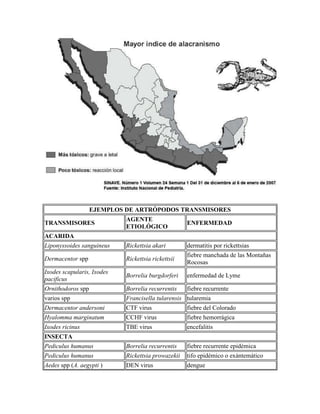 EJEMPLOS DE ARTRÓPODOS TRANSMISORES
TRANSMISORES
AGENTE
ETIOLÓGICO
ENFERMEDAD
ACARIDA
Liponyssoides sanguineus Rickettsia akari dermatitis por rickettsias
Dermacentor spp Rickettsia rickettsii
fiebre manchada de las Montañas
Rocosas
Ixodes scapularis, Ixodes
pacificus
Borrelia burgdorferi enfermedad de Lyme
Ornithodoros spp Borrelia recurrentis fiebre recurrente
varios spp Francisella tularensis tularemia
Dermacentor andersoni CTF virus fiebre del Colorado
Hyalomma marginatum CCHF virus fiebre hemorrágica
Ixodes ricinus TBE virus encefalitis
INSECTA
Pediculus humanus Borrelia recurrentis fiebre recurrente epidémica
Pediculus humanus Rickettsia prowazekii tifo epidémico o exántemático
Aedes spp (A. aegypti ) DEN virus dengue
 