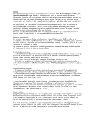 2005.)
La infección es de presentación insidiosa (semanas, meses). Vías de entrada propuestas: piel,
aparato respiratorio bajo, nasal. La diseminación a partir de lesiones en piel y aparato
respiratorio apoyadas por los principales investigadores del tema, sería hematógena; en caso de
ingreso nasal, la presentación del cuadro sería más rápida. También se han reportado casos
relacionados con sinusitis, rinitis, infección de úlcera péptica y glándulas adrenales, transplantes.
La infección del SNC asociada a Acanthamoeba involucra en la mayor parte de los casos a
personas inmunocomprometidas, con HIV+/SIDA, quimioterapia, enfermedades crónicas,
debilitantes, diabetes, lupus sistémico, cáncer, desnutrición y alcoholismo, TB, otras. También
influye el empleo excesivo de esteroides y antibióticos.
Diversos estudios han demostrado altos porcentajes de individuos que presentan anticuerpos
séricos contra Acanthamoeba, lo cual implica una exposición frecuente.
Factores patogénicos:
Se considera que algunas de las complicaciones fisiopatológicas en el SNC se deben a la
inducción de respuestas proinflamatorias, invasión de la barrera hematoencefálica y a las lesiones
en tejido conectivo y neuronal, que redundan en disfunción cerebral ( Marciano-Cabral et al., 2004;
Shuster F, & Visvesvara G. 2004).
Se consideran factores patogénicos contacto dependientes e independientes a nivel transcelular
y/o paracelular (a través de las uniones estrechas).
Contacto-dependientes.-
— Adhesión (proteína de unión de la manosa (BMP) expresada en trofozoito. Se ha observado que
el 60% de Acanthamoeba spp. se adhiere a células de la barrera hematoencenfálica (endotelio
capilar, plexos coroides, membrana de la coroides).
— Fagocitosis mediante las llamadas copas de alimentación o amebostomas.
— Inducción de apoptosis, a través de modificaciones en la expresión de genes que regulan el
ciclo celular, inducción de la fosfatidilinositol 3-cinasa (P13K) y otros posibles mecanismos. (Khan.
2007).
Contacto-independientes.-
— Proteasas, entre ellas serin, metalo y cisteínproteasas, asociadas con la degradación de
componentes de la matriz extracelular (colágena tipos I, III y IV, elastina y fibronectina) y en
— Alteraciones irreversibles paracelulares, con la destrucción de los componentes ZO-1 y ocludina
de las uniones estrechas de las células endoteliales en microvasculatura cerebral. (Sissons et al.,
2005; Sissons et al., 2006; Khan. 2007).
— Acanthamoeba y Balamuthia pueden albergar Legionella pneumophila, Coxiella burnetii,
Pseudomonas aeruginosa, Vibrio cholerae, Helicobacter pylori, Listeria monocytogenes y
Mycobacterium avium, mimivirus: Potencial como reservorios. Se sugiere que quizás se encuentren
en fase preadaptativa. Hallazgos in vitro y en especímenes clínicos. (Shadrach et al., 2005;
Visvesvara et al., 2007; Visvesvara et al., 2008).
Cuadro clínico:
Los principales datos clínicos, que son semejantes a los presentados en meningitis de origen viral,
bacteriano o tuberculoso, consisten en cefalea, cambios conductuales, fiebre, hemiparesia, ataxia,
afasia, rigidez de cuello (signos de irritación meníngea), letargo, náusea, vómito, parálisis de
nervios craneales, elevación en la presión intracraneal, convulsiones y muerte.
Con cierta frecuencia, sobre todo en pacientes debilitados inmunológica o fisiológicamente, se
presentan lesiones cutáneas que suelen ser de curso prolongado, pero una vez que existe invasión
del SNC, el resultado fatal puede presentarse en el transcurso de días/semanas.
 