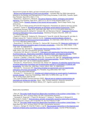 desconocen la base de datos, es buen momento para revisar Scopus.
- Biology and Pathogenecity of Free-Living Amoebae – compiled after the XIIIth International
Meeting on the Biology and Pathogenicity of Free-Living Amoebae, FLAM 2009, Tenerife, Spain.
Exp Parasitol, Sept 2010;126(1):1.112.
- Walochnik J, Wylezich C, Michel R. The genus Sappinia: History, phylogeny and medical
relevance. Exp Parasitol, Sept 2010; 126(1):4-13. doi:10.1016/j.exppara.2009.11.017
- Geeta Chacko. Parasitic diseases of the central nervous system. Semin Diagn Pathol, Aug
2010;27(3):
167-185. doi:10.1053/j.semdp.2010.05.003 Integración. Parasitosis de sistema nervioso central.
- Lamoth F, Greub G. Amoebal pathogens as emerging causal agents of pneumonia. FEMS
Microbiology Reviews, May 2010; 34(3):260–280. DOI: 10.1111/j.1574-6976.2009.00207.x
- da Rocha-Azevedo B, Herbert B. Tanowitz HB, and Marciano-Cabral F. Diagnosis of Infections
Caused by Pathogenic Free-Living Amoebae. Interdiscip Perspect Infect Dis. 2009. doi:
10.1155/2009/251406.
- Galarza C, Ramos W, Gutierrez EL, Ronceros G, Teran M, Uribe M, Ñavincopa M, and Alex G.
Ortega-Loayza AG. Tropical medicine rounds. Cutaneous acanthamebiasis infection in
immunocompetent and immunocompromised patients. Int J Dermatol, 2009; 48(12):1324 - 1329.
10.1111/j.1365-4632.2008.03786.x
- Qvarnstrom Y, Da Silva AJ, Schuster FL, Gelman BB, Visvesvara GS. Molecular confirmation of
Sappinia pedata as a causative agent of amoebic encephalitis. J Infect Dis, 2009;199(8): 1139-
1142. DOI: 10.1086/597473
- Visvesvara GS, Schuster FL. Opportunistic free-living amebae, Part II. Clin Microbiol Newsletter,
2008; 30(21):159-166. (Únicamente resumen. Solicitar).
- Visvesvara GS, Moura H, Schuster FL. Pathogenic and opportunistic free-living amoebae:
Acanthamoeba spp., Balamuthia mandrillaris, Naegleria fowleri, and Sappinia diploidea. FEMS
Immunol Med Microbiol 2007; 50(1):1–26. doi: 10.1111/j.1574-695X.2007.00232.x
- Guarner J, Bartlett J, Shieh WJ, Paddock CD, Visvesvara GS, Zaki SR. Histopathologic spectrum
and immunohistochemical diagnosis of amebic meningoencephalitis. Modern Pathol, Oct
2007;20:1230–1237. doi:10.1038/modpathol.3800973
- Schuster FL, Honarmand S, Visvesvara GS, Glaser CA. Detection of antibodies against free-living
amoebae Balamuthia mandrillaris and Acanthamoeba species in a population of patients with
encephalitis. Clin Infect Dis. 2006 May 1;42(9):1260-5. DOI: 10.1086/503037
- Schuster FL, Visvesvara GS. Free-living amoebae as opportunistic and non-opportunistic
pathogens of humans and animals. Int J Parasitol, Aug 2004;34(9):1001-1027.
doi:10.1016/j.ijpara.2004.06.004
- Schuster F.L., Visvesvara G.S. Amebae and ciliated protozoa as causal agents of waterborne
zoonotic disease. Veterinary Parasitology, 2004;126 (1-2 SPEC.ISS.), pp. 91-120.
doi:10.1016/j.vetpar.2004.09.019
- Dra. Edith Elizabeth Ferreira Guerrero (DGE). Manual para la vigilancia epidemiológica de
meningitis por amibas de vida libre. Mayo, 1994. Primera reedición, Dirección General de
Epidemiología, Secretaría de Salud. México, D.F. Vigente cuando se elaboró.
Balamuthia mandrillaris
- Diaz JH. The public health threat from Balamuthia mandrillaris in the southern United States. J La
State Med Soc. 2011 Jul-Aug;163(4):197-204. (Únicamente resumen).
- Yamasaki K, Sugimoto T, Futami M, Moriyama T, Uehara H, Takeshima H, Moriguchi S,
Marutsuka K, Asada Y. Granulomatous amoebic encephalitis caused by balamuthia mandrillaris.
Neurol Med Chir (Tokyo). 2011;51(9):667-70. doi:10.2176/nmc.51.667
- Diaz JH. The public health threat from Balamuthia mandrillaris in the southern United States. J La
State Med Soc. 2011 Jul-Aug;163(4):197-204. (Únicamente resumen).
- Orozco L, Hanigan W, Khan M, Fratkin J, Lee M. Neurosurgical intervention in the diagnosis and
treatment of Balamuthia mandrillaris encephalitis: Report of 3 cases. Journal of Neurosurgery,
 
