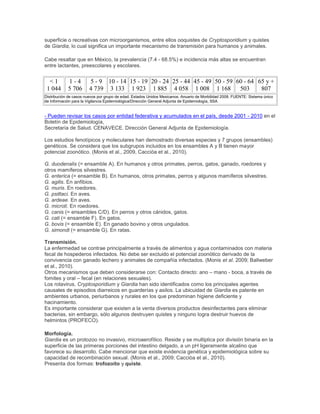 superficie o recreativas con microorganismos, entre ellos ooquistes de Cryptosporidium y quistes
de Giardia, lo cual significa un importante mecanismo de transmisión para humanos y animales.
Cabe resaltar que en México, la prevalencia (7.4 - 68.5%) e incidencia más altas se encuentran
entre lactantes, preescolares y escolares.
< 1
1 044
1 - 4
5 706
5 - 9
4 739
10 - 14
3 133
15 - 19
1 923
20 - 24
1 885
25 - 44
4 058
45 - 49
1 008
50 - 59
1 168
60 - 64
503
65 y +
807
Distribución de casos nuevos por grupo de edad. Estados Unidos Mexicanos. Anuario de Morbilidad 2008. FUENTE: Sistema único
de Información para la Vigilancia Epidemiológica/Dirección General Adjunta de Epidemiología, SSA
- Pueden revisar los casos por entidad federativa y acumulados en el país, desde 2001 - 2010 en el
Boletín de Epidemiología,
Secretaría de Salud. CENAVECE. Dirección General Adjunta de Epidemiología.
Los estudios fenotípicos y moleculares han demostrado diversas especies y 7 grupos (ensambles)
genéticos. Se considera que los subgrupos incluidos en los ensambles A y B tienen mayor
potencial zoonótico. (Monis et al., 2009, Cacciòa et al., 2010).
G. duodenalis (= ensamble A). En humanos y otros primates, perros, gatos, ganado, roedores y
otros mamíferos silvestres.
G. enterica (= ensamble B). En humanos, otros primates, perros y algunos mamíferos silvestres.
G. agilis. En anfibios.
G. muris. En roedores.
G. psittaci. En aves.
G. ardeae. En aves.
G. microti. En roedores.
G. canis (= ensambles C/D). En perros y otros cánidos, gatos.
G. cati (= ensamble F). En gatos.
G. bovis (= ensamble E). En ganado bovino y otros ungulados.
G. simondi (= ensamble G). En ratas.
Transmisión.
La enfermedad se contrae principalmente a través de alimentos y agua contaminados con materia
fecal de hospederos infectados. No debe ser excluido el potencial zoonótico derivado de la
convivencia con ganado lechero y animales de compañía infectados. (Monis et al. 2009; Ballweber
et al., 2010).
Otros mecanismos que deben considerarse con: Contacto directo: ano – mano - boca, a través de
fomites y oral – fecal (en relaciones sexuales).
Los rotavirus, Cryptosporidium y Giardia han sido identificados como los principales agentes
causales de episodios diarreicos en guarderías y asilos. La ubicuidad de Giardia es patente en
ambientes urbanos, periurbanos y rurales en los que predominan higiene deficiente y
hacinamiento.
Es importante considerar que existen a la venta diversos productos desinfectantes para eliminar
bacterias, sin embargo, sólo algunos destruyen quistes y ninguno logra destruir huevos de
helmintos (PROFECO).
Morfología.
Giardia es un protozoo no invasivo, microaerofílico. Reside y se multiplica por división binaria en la
superficie de las primeras porciones del intestino delgado, a un pH ligeramente alcalino que
favorece su desarrollo. Cabe mencionar que existe evidencia genética y epidemiológica sobre su
capacidad de recombinación sexual. (Monis et al., 2009; Cacciòa et al., 2010).
Presenta dos formas: trofozoíto y quiste.
 